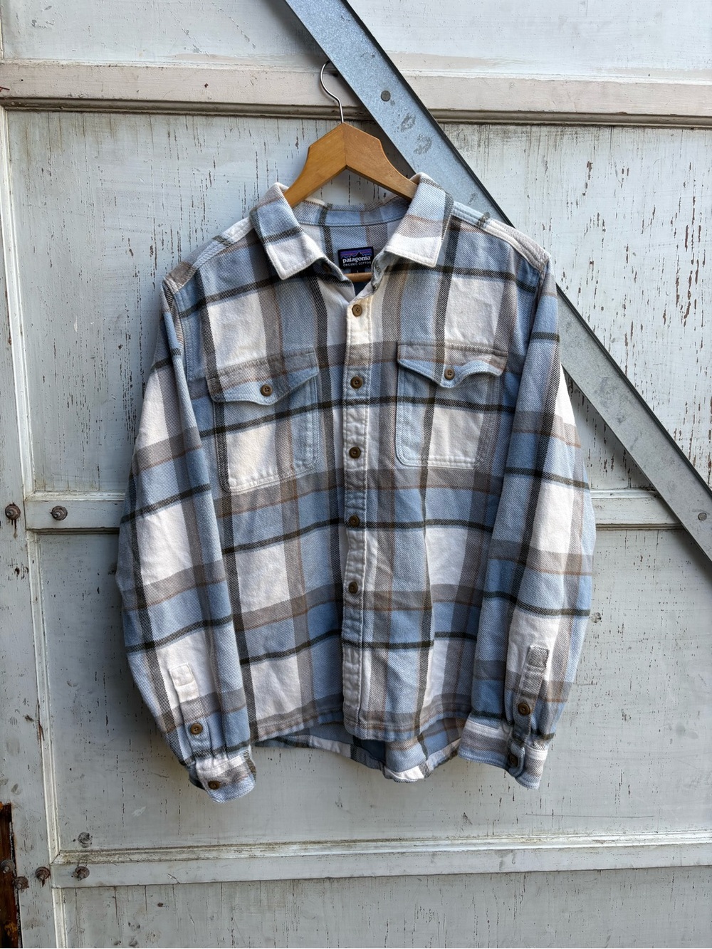Patagonia Blue White Grey Plaid Button Up Fjord Field Flannel Shirt Men’s L
